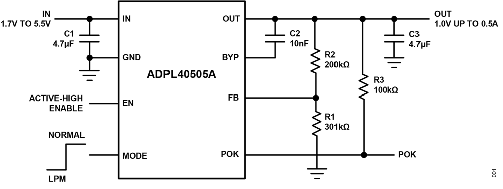 Schéma du circuit d'application - Analog Devices / Maxim Integrated Régulateur linéaire à faible perte de niveau (LDO) ADPL40505A