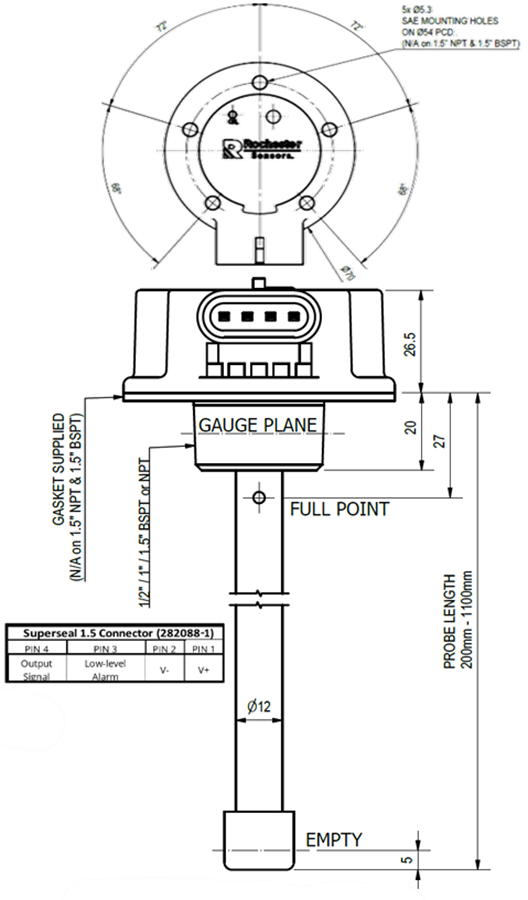 Plan mécanique - Amphenol Rochester Sensors Capteurs de niveau de carburant capacitif TLL155