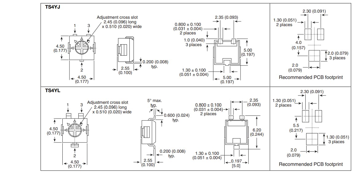 Mechanical Drawing - Vishay / Sfernice TS4Y Series Cermet Trimmers