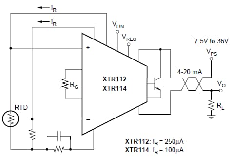 Schéma du circuit d'application - Texas Instruments Transmetteurs de courant 4-20 mA XTR112 et XTR114 