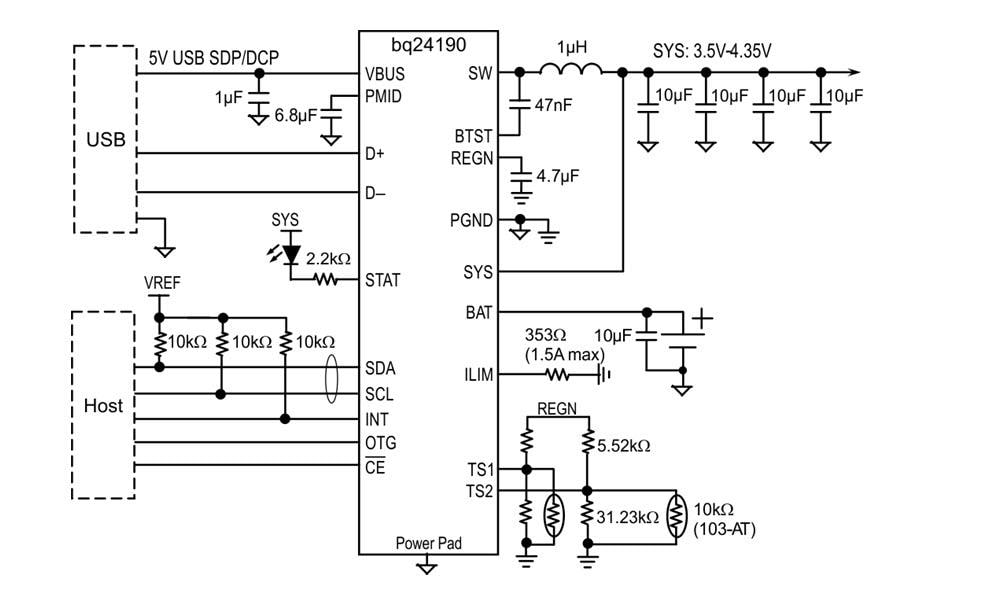 Schéma de principe - Texas Instruments Chargeurs adaptateurs / USB bq2419x