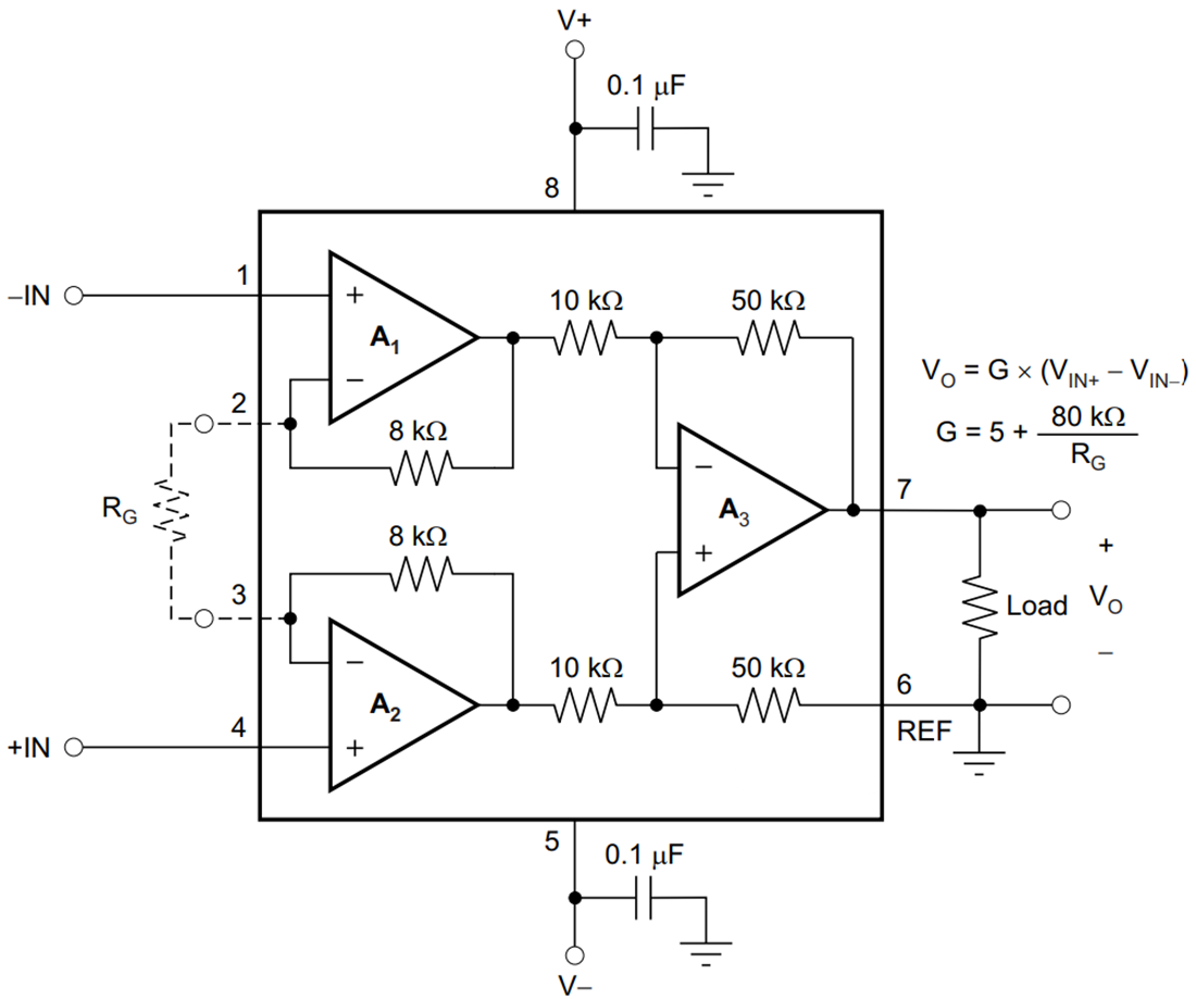 Schéma de principe - Texas Instruments Amplificateur d'instrumentation d'alimentation INA827 2,7 à 36 V
