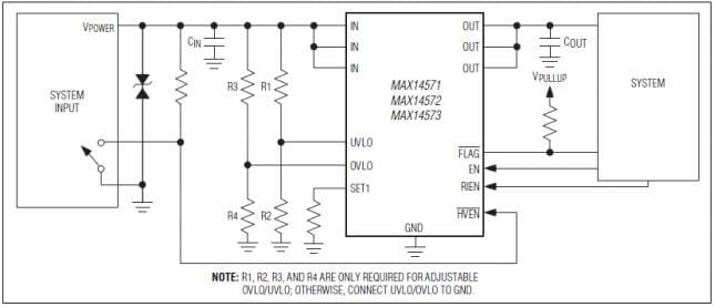 Schéma du circuit d'application - Analog Devices / Maxim Integrated Protections contre les surtensions et les surcharges Maxim MAX14571-73