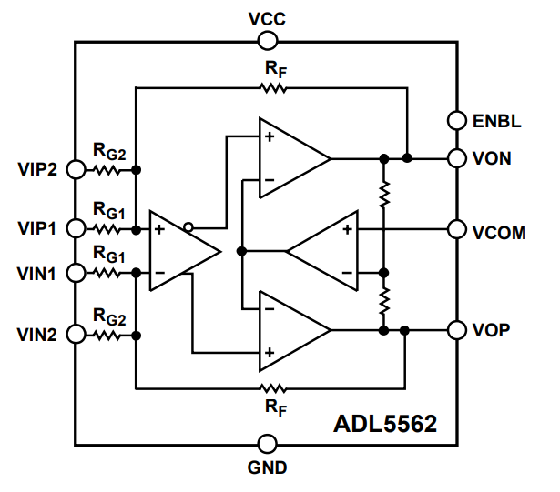 Schéma de principe - Analog Devices Inc. Amplificateur différentiel RF/IF 3,3 GHz ADL5562 Analog Devices