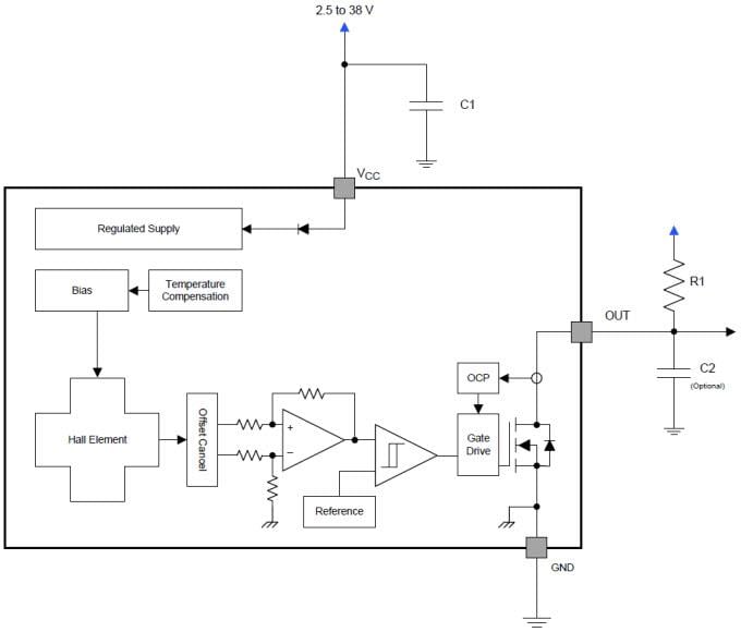Schéma de principe - Texas Instruments Capteur à effet Hall et commutateur omni-polaire numérique DRV5033
