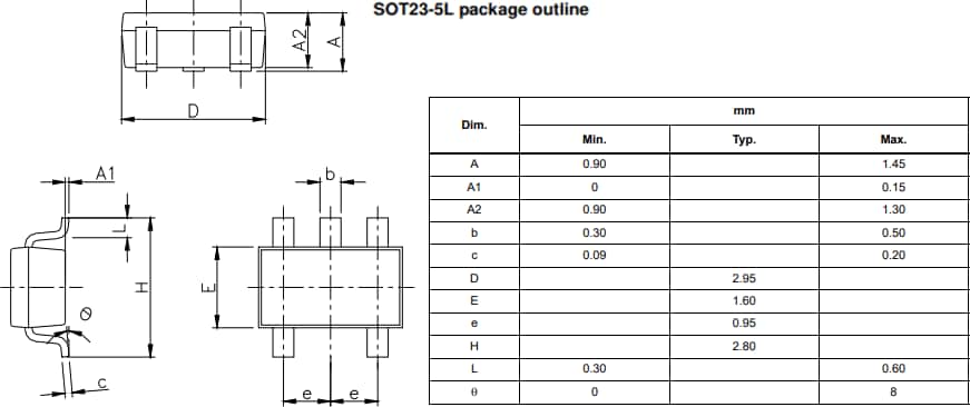 Mechanical Drawing - STMicroelectronics LDK130M SOT-23-5L Low Drop Voltage Regulators