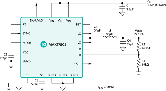 Schéma de principe - Analog Devices / Maxim Integrated Convertisseur abaisseur CC-CC MAX17505