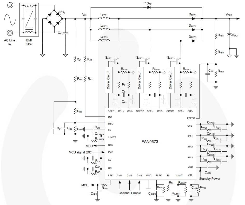 Schéma du circuit d'application - onsemi Contrôleur CCM PFC FAN9673
