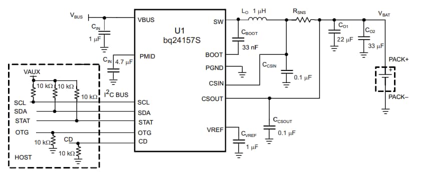 Schéma du circuit d'application - Texas Instruments CI de chargeur de batteries Li-On à simple cellule en mode commutation bq24157S
