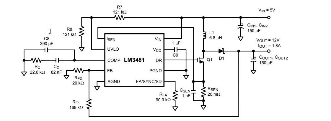 Schéma du circuit d'application - Texas Instruments Contrôleur haute performance LM3481 SIMPLE SWITCHER® N-FET côté bas