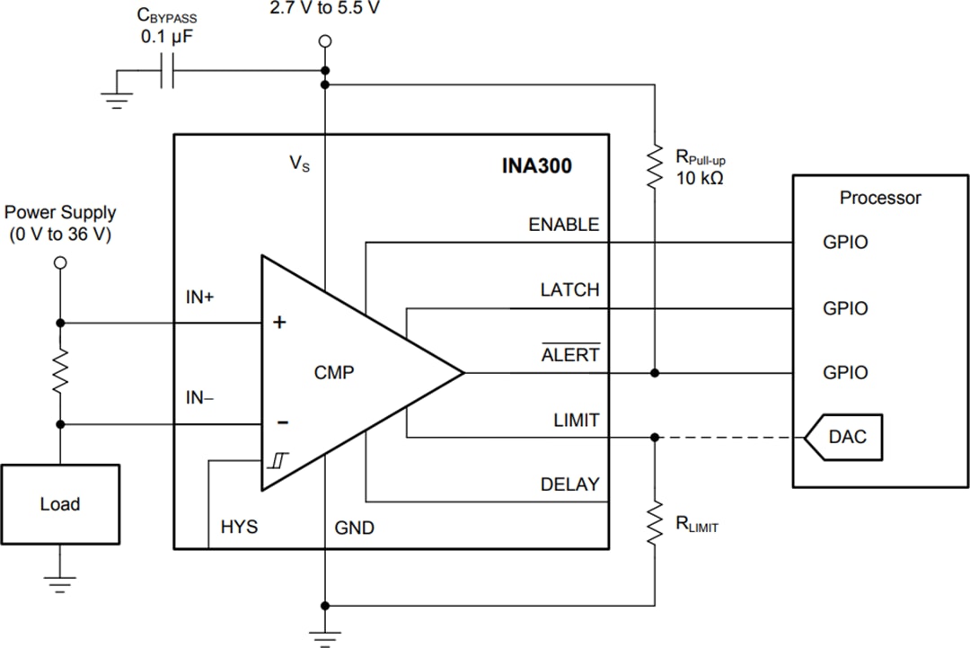 Schéma du circuit d'application - Texas Instruments Comparateur à détection de courant côté haut ou bas INA300