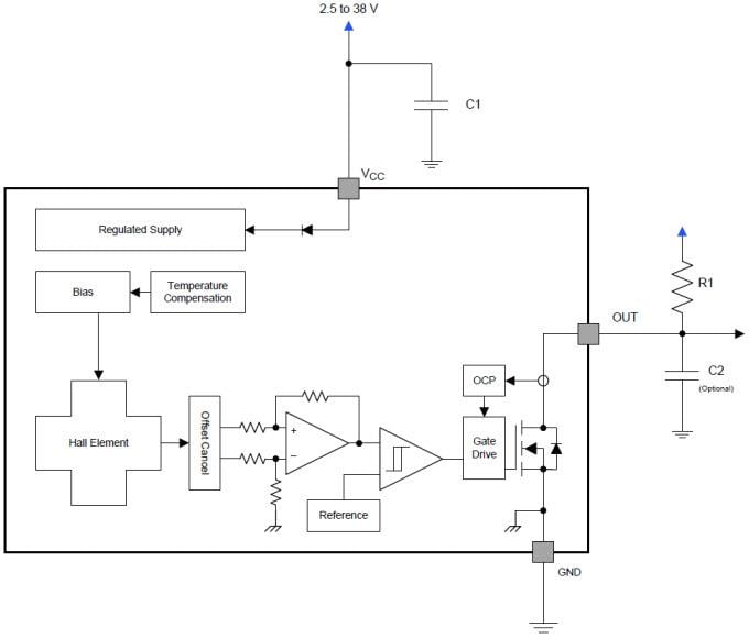 Schéma de principe - Texas Instruments Capteurs à effet Hall et à commutateur numérique DRV5023