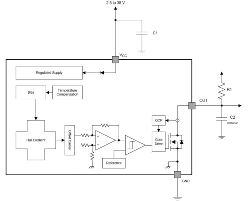 Schéma de principe - Texas Instruments Capteur à effet Hall et à verrouillage numérique DRV5013 