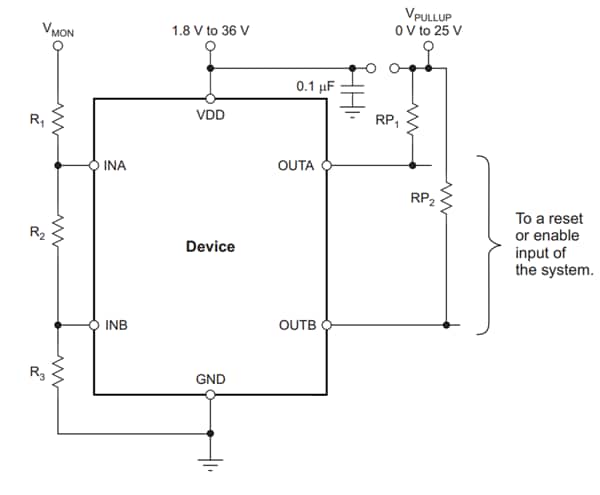 Schéma du circuit d'application - Texas Instruments Comparateur à fenêtre 36 V TPS3701