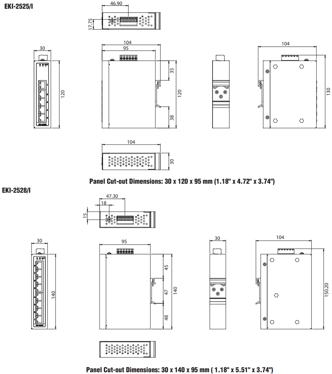 Plan mécanique - Advantech Commutateurs industriels EKI-2525/28