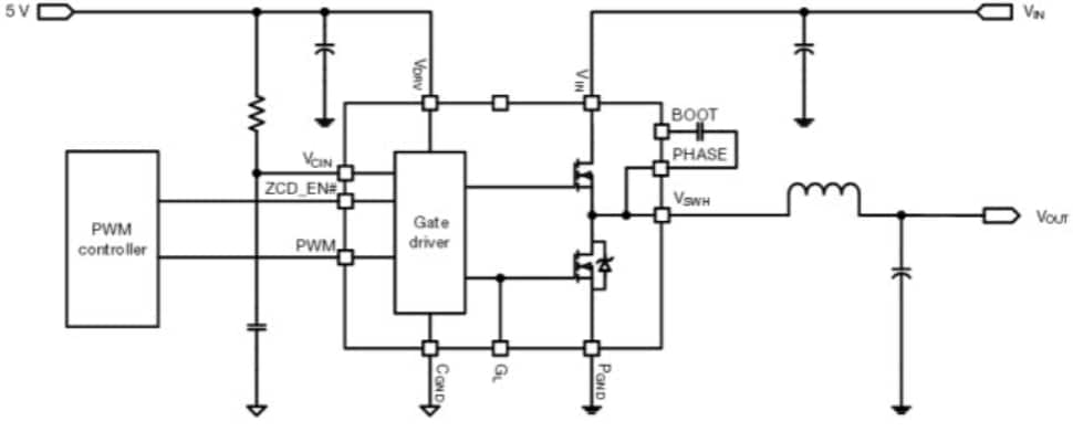 Schéma du circuit d'application - Vishay Semiconductors Étage de puissance intégré série SiC5xx DrMOS