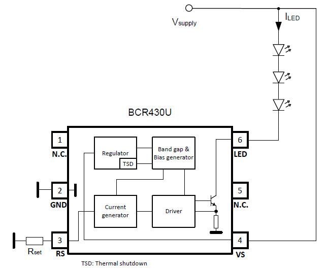 Schéma de principe - Infineon Technologies CI pilote LED à faible tension BCR430U