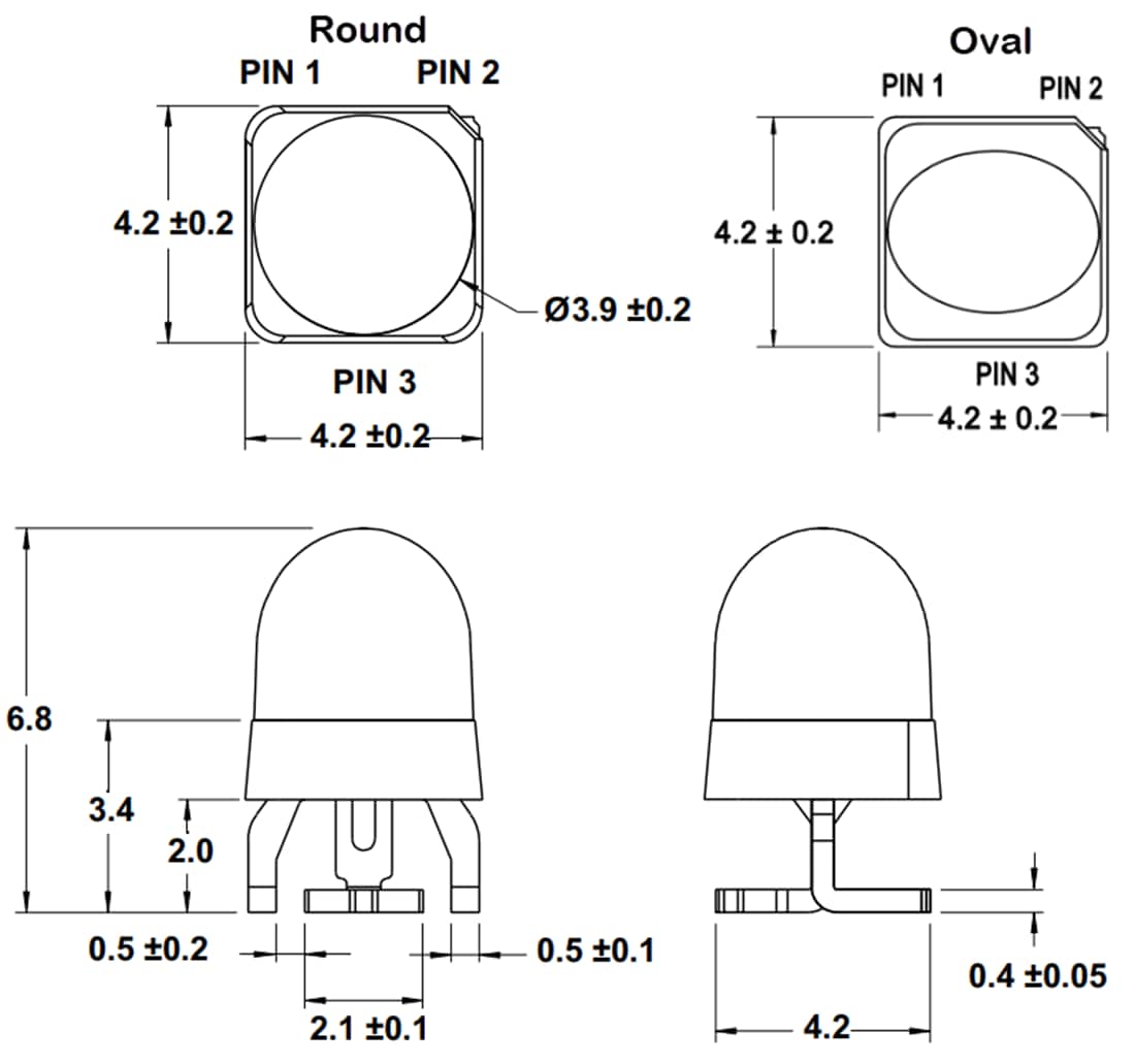 Plan mécanique - Broadcom Lampes LED rondes et ovales SMT à haute luminosité
