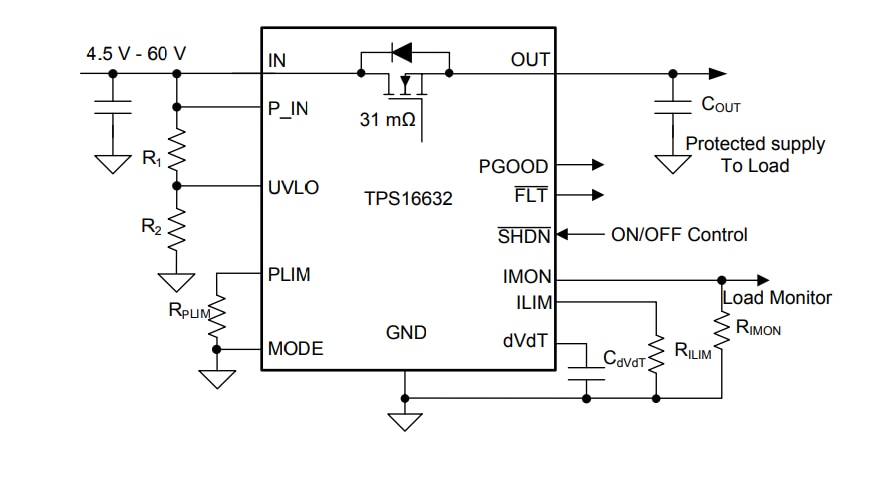 Schéma - Texas Instruments eFuses limitation de puissance TPS1663x 60 V, 6 A