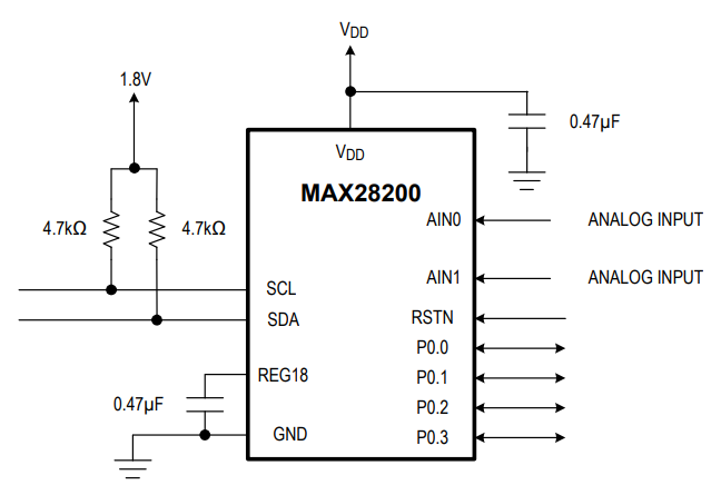 Application Circuit Diagram - Analog Devices / Maxim Integrated MAX28200 16-Bit Microcontroller with ADC & I2C