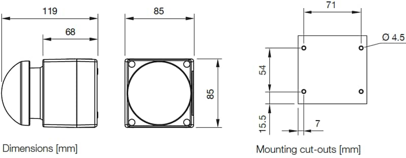 Mechanical Drawing - EAO Series 45 IP69K Palm Switches