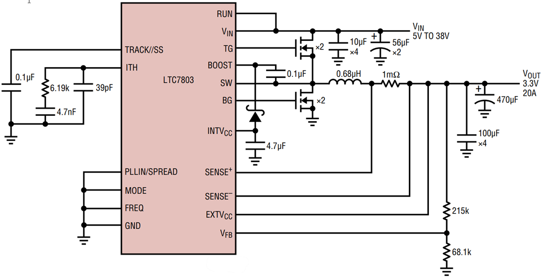 Schéma du circuit d'application - Analog Devices Inc. Contrôleurs abaisseurs synchrones LTC7803