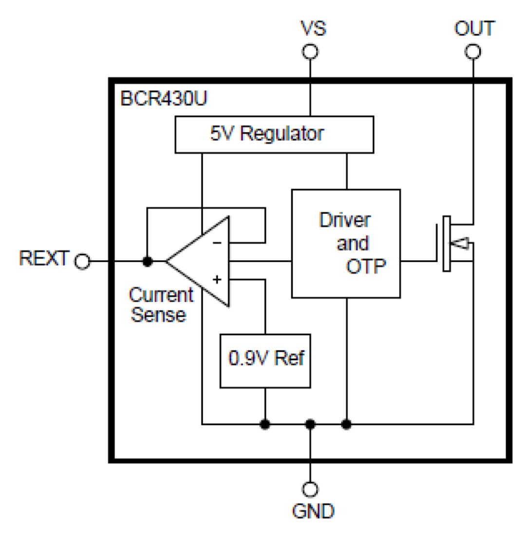 Schéma de principe - Diodes Incorporated Pilote LED linéaire à tension LDO BCR430U