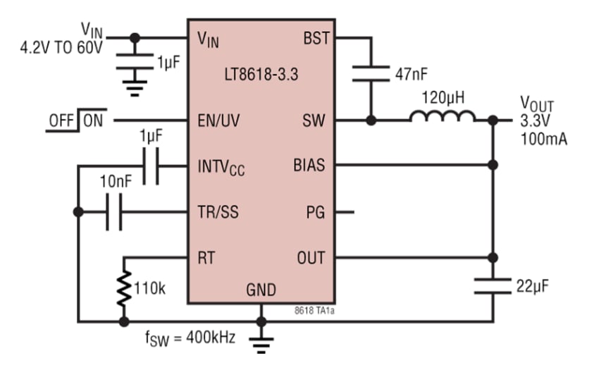 Schéma du circuit d'application - Analog Devices Inc. Régulateurs à découpage abaisseurs LT8618 et LT8618-3.3