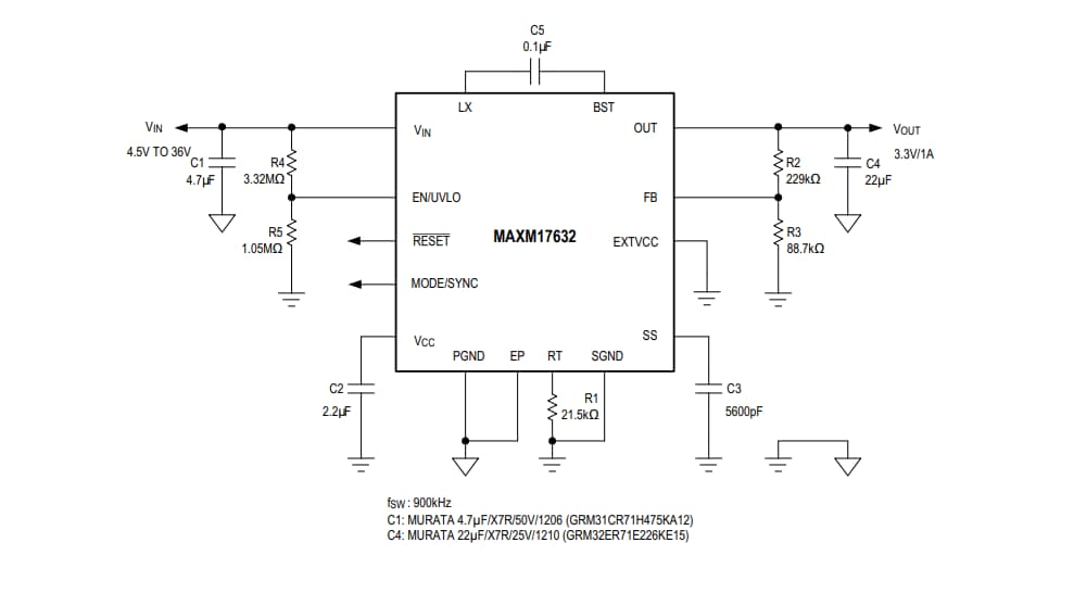 Schéma du circuit d'application - Analog Devices Inc. Modules d'alimentation MAXM17630, MAXM17631 et MAXM17632