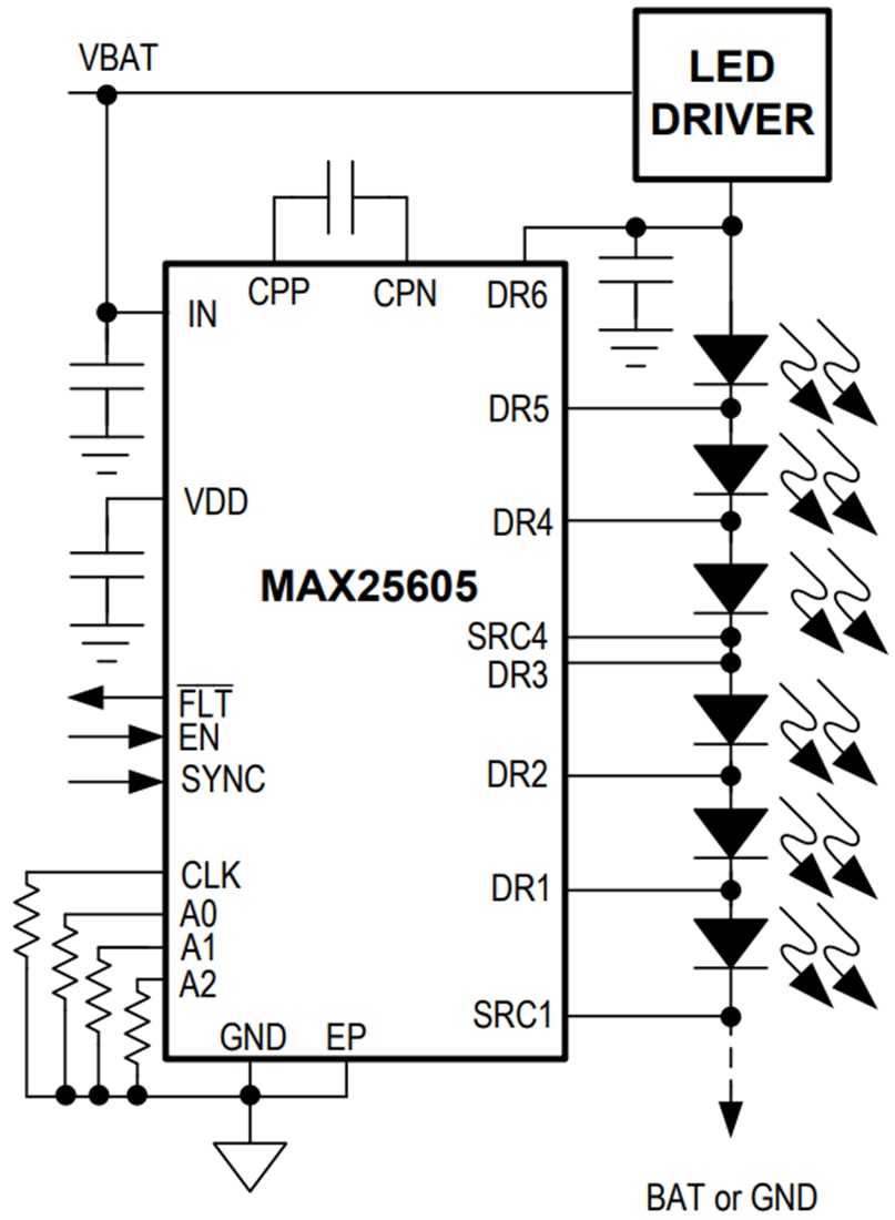 Schéma de principe - Analog Devices Inc. Contrôleur LED séquentiel à six canaux MAX25605