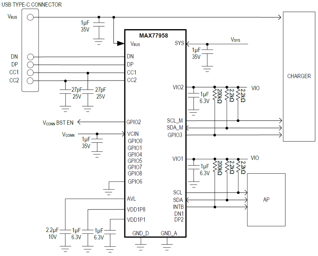 Schéma de principe - Analog Devices Inc. Contrôleur USB Type-C™ et USB PD MAX77958