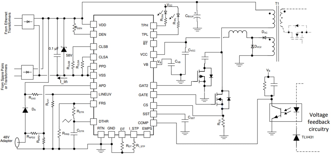 Schéma du circuit d'application - Texas Instruments CI PD PoE  2 IEEE 802.3bt TPS23730