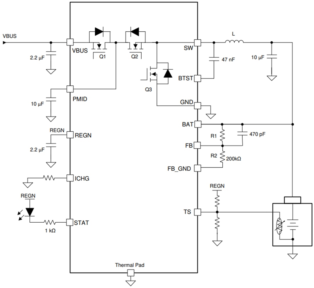 Schéma du circuit d'application - Texas Instruments Chargeur de batterie Buck à 1-2 cellules bq25306