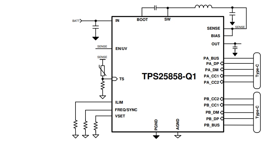 Schéma - Texas Instruments Contrôleurs de Ports de chargement USB Type-C ® TPS25858 - Q1