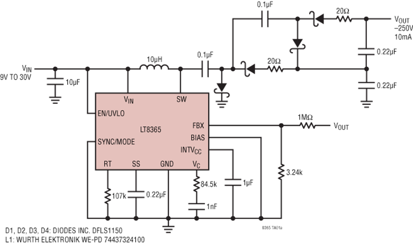 Schéma du circuit d'application - Analog Devices Inc. Convertisseurs Boost/SEPIC/inverseurs à faible IQ LT8365