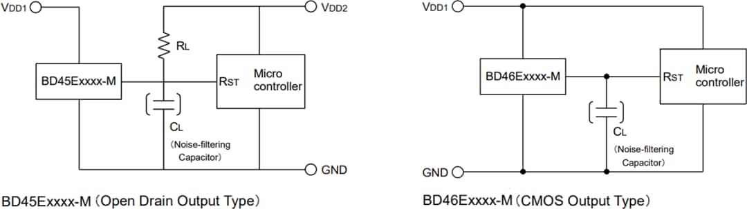 Schéma du circuit d'application - ROHM Semiconductor CI de détection de tension automobile BD45 et BD46