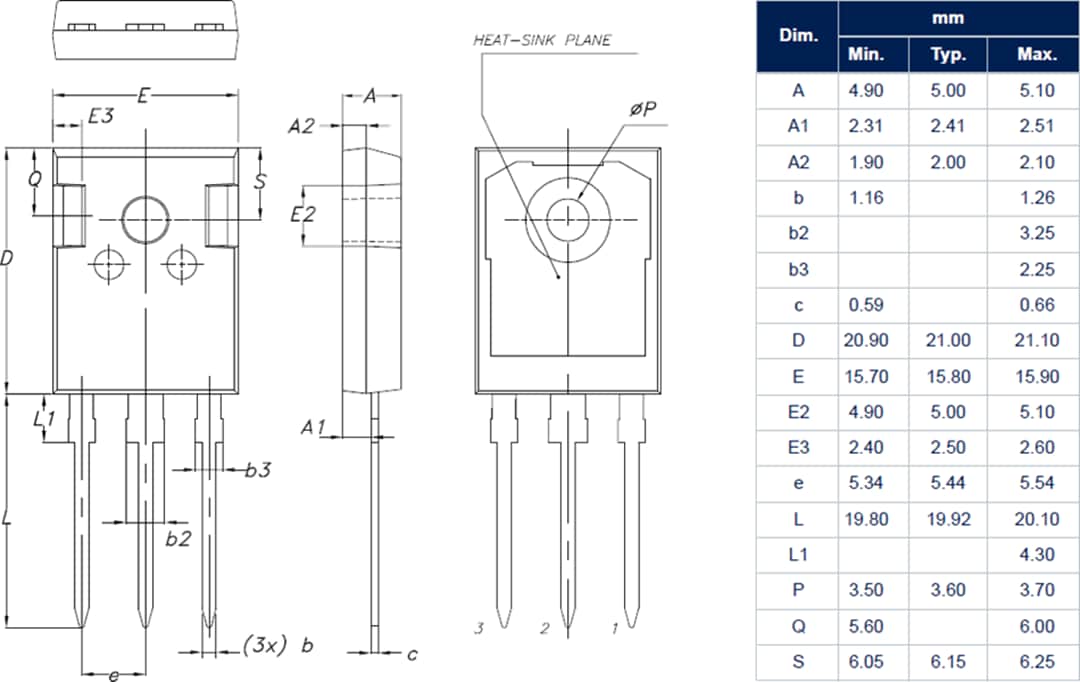 Plan mécanique - STMicroelectronics MOSFET de puissance SiC 1 200 V 91 A SCTW70N120G2V