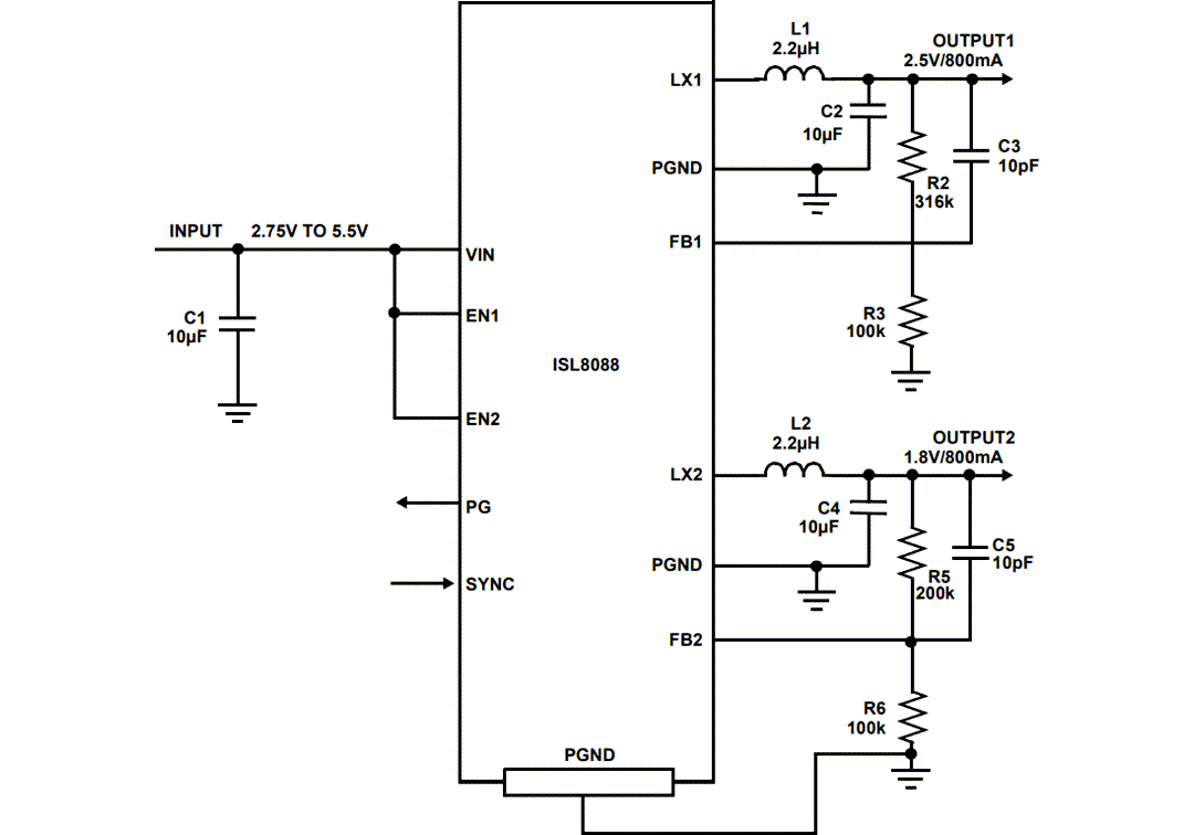 Schéma du circuit d'application - Renesas Electronics Régulateur Buck synchrone ISL8088