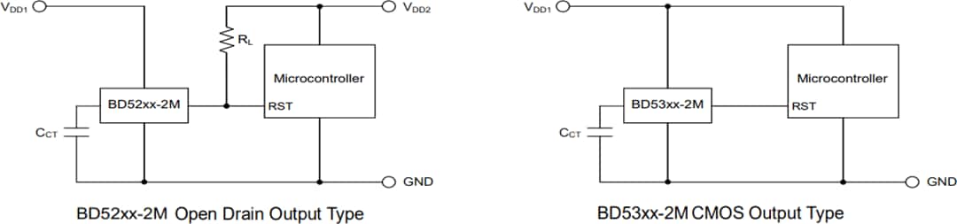 Schéma du circuit d'application - ROHM Semiconductor CI détecteurs de tension automobile BD52 et BD53