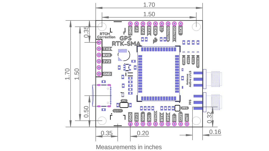 Mechanical Drawing - SparkFun GPS-RTK-SMA Breakout - ZED-F9P (Qwiic)