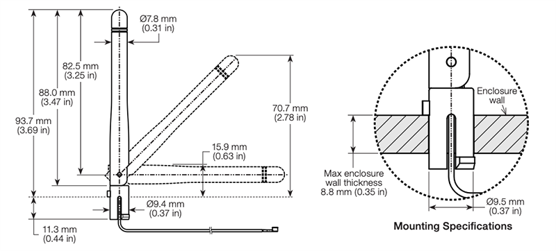 Plan mécanique - TE Connectivity / Linx Technologies Antenne dipolaire à montage sur panneau LPW ISM/WLAN/Wi-Fi