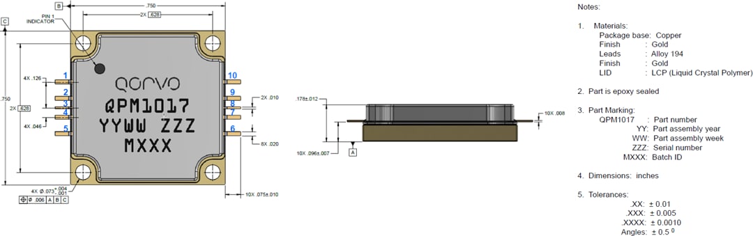 Plan mécanique - Qorvo Amplificateur de puissance 100 W au GaN de 5,7 GHz à 7,0 GHz QPM1017