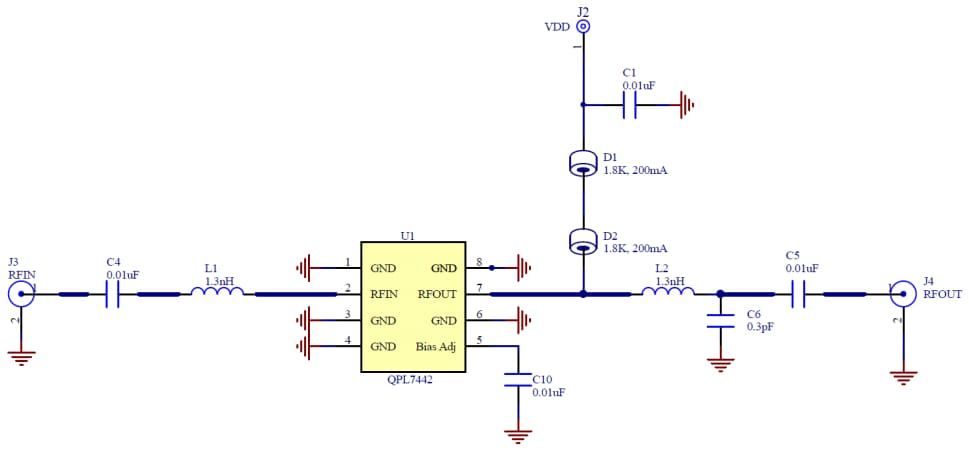 Schéma du circuit d'application - Qorvo Amplificateur RF QPL7442