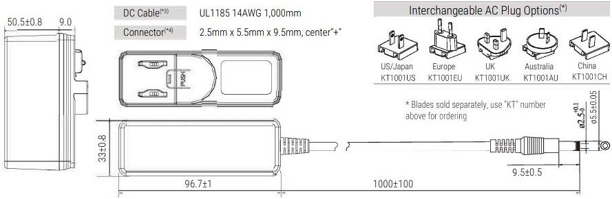 Mechanical Drawing - Advanced Energy / SL Power SLE 6W to 36W Wall-Mount AC Adapters