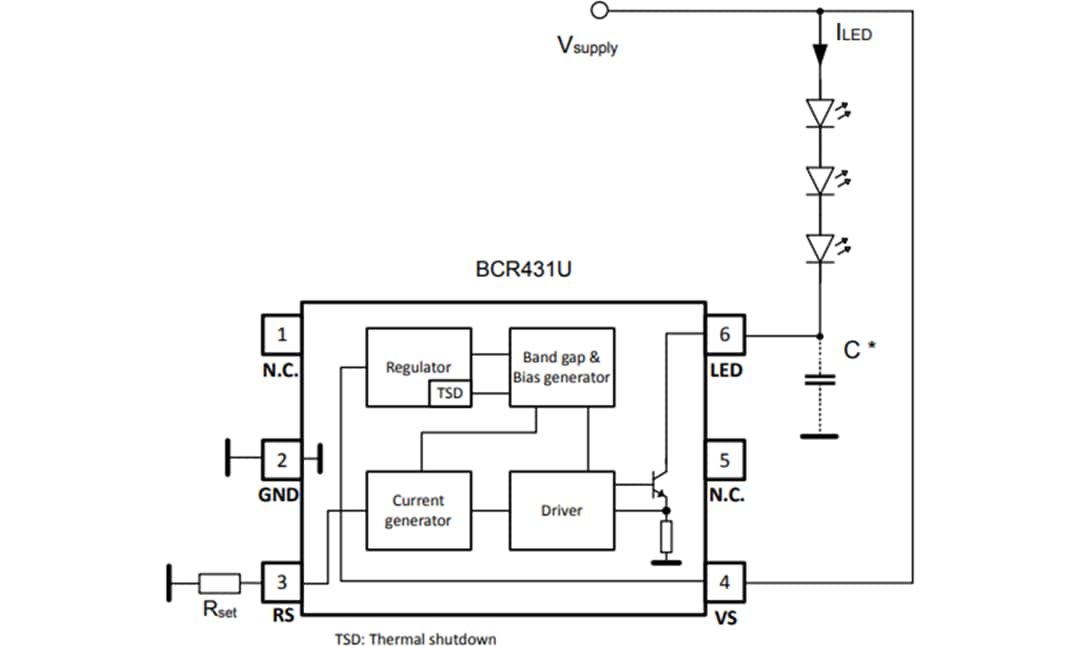 Schéma du circuit d'application - Infineon Technologies Pilote de LED linéaire à faible chute de tension BCR431U