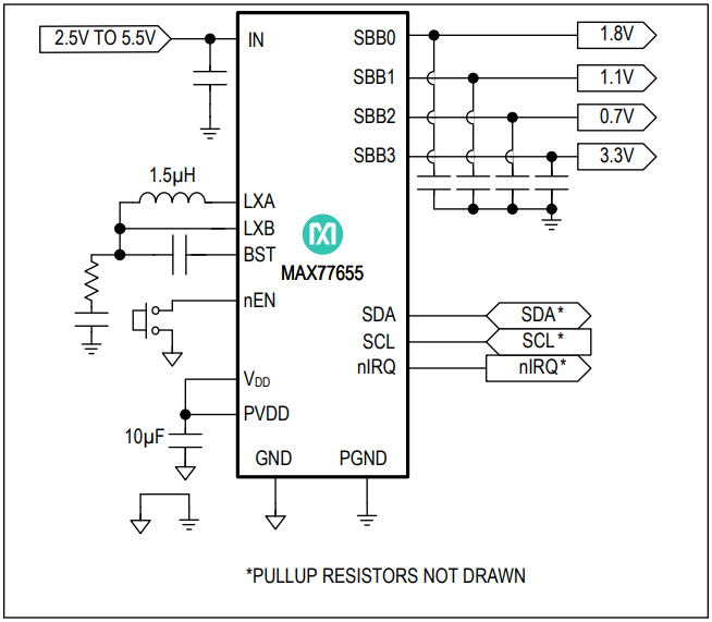 Schéma de principe - Analog Devices Inc. PMIC SIMO à faible IQ MAX77655