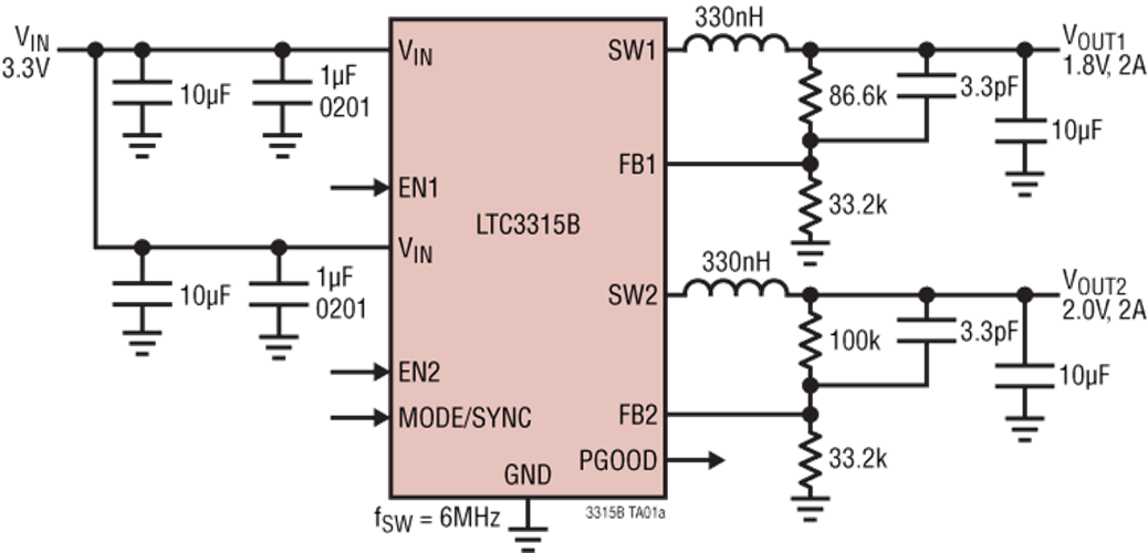 Schéma du circuit d'application - Analog Devices Inc. Carte de démonstration LTC3315B DC2748