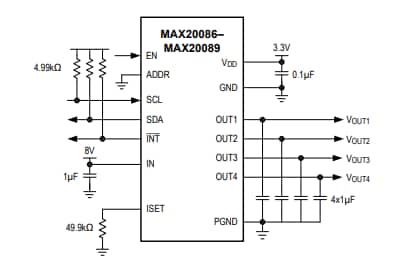 Schéma du circuit d'application - Analog Devices Inc. CI de protection d'alimentation de caméra MAX2008x