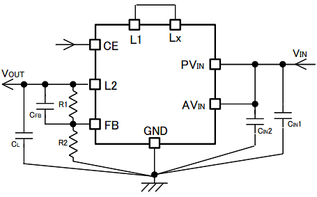 Schéma du circuit d'application - Murata Electronics Convertisseurs CC/CC MYRG PicoBK™
