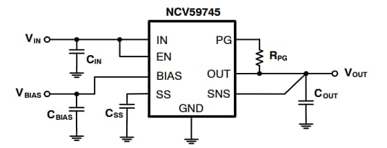 Schéma du circuit d'application - onsemi Régulateur de tension linéaire NCV59745